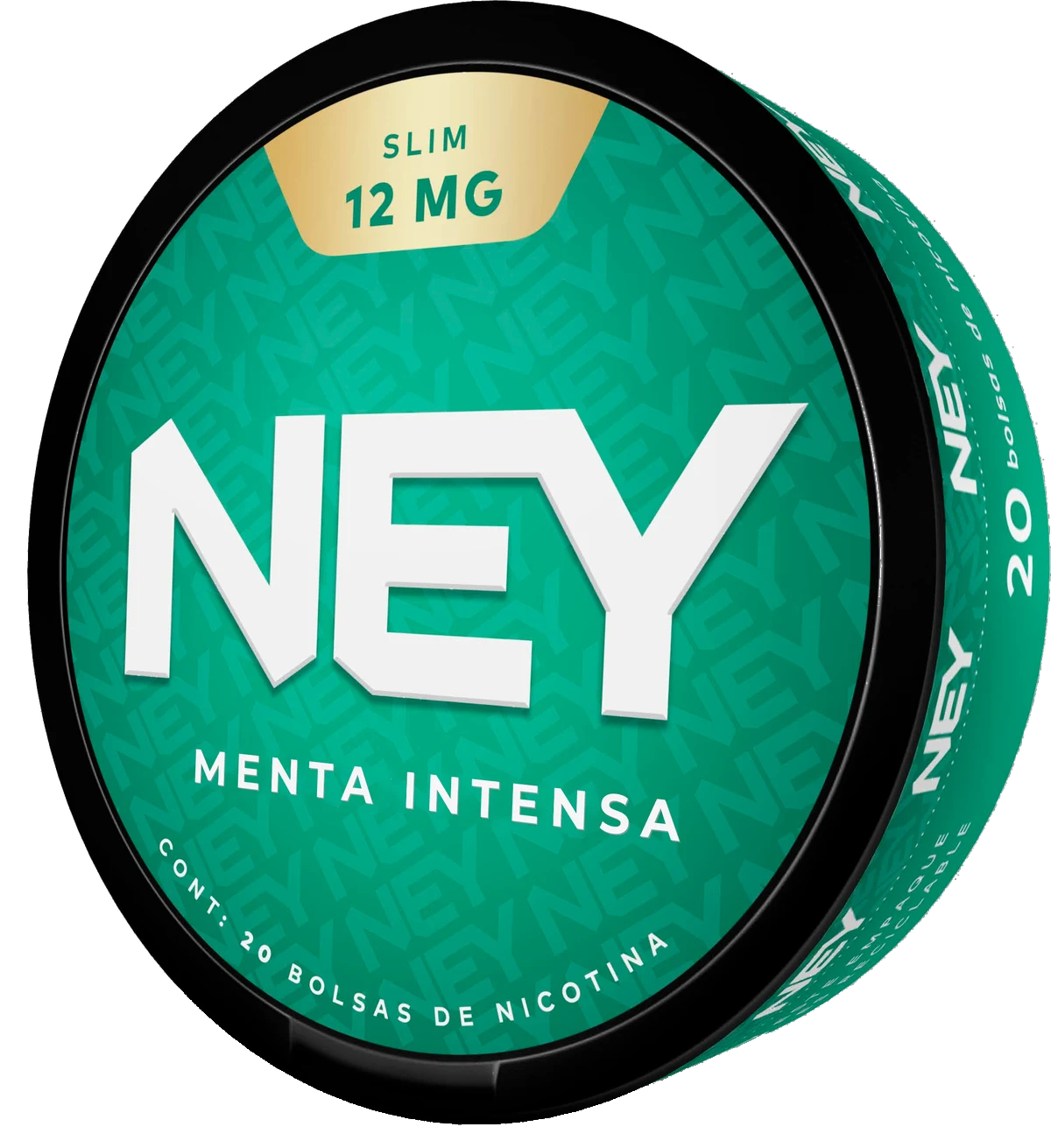 Lata negra NEY MENTA INTENSA verde, formato Slim, 12 mg.