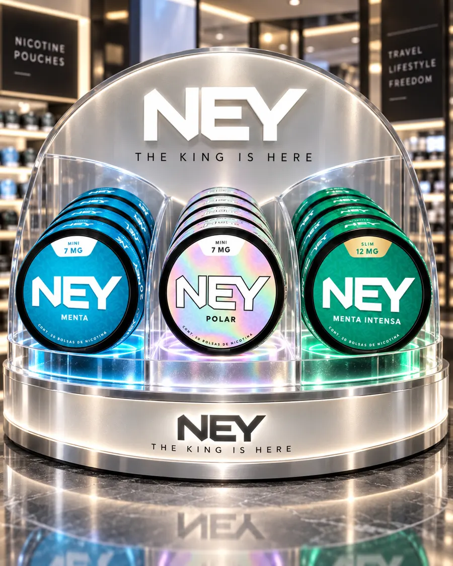 Display de punto de venta NEY con las tres variedades del portfolio.